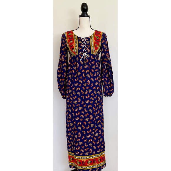 Vintage 70s Paisley Corset Empire Waist Maxi Dress - Picture 7 of 7